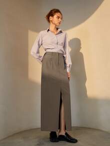 Solid Split Hem Straight Skirt - Khaki - View 5