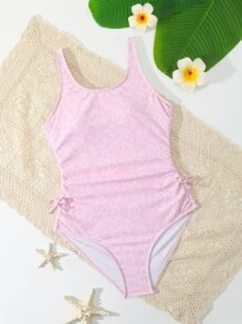 SHEIN Teen Girls Floral Print Ruched Side One Piece Swimsuit - Baby Pink - View 1