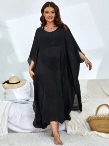 Swim Lushoire Summer Beach Plus Solid Batwing Sleeve Cover Up Dress Without Bikini Set - Black - View 1