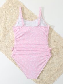 SHEIN Teen Girls Floral Print Ruched Side One Piece Swimsuit - Baby Pink - View 2
