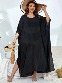 Swim Lushoire Summer Beach Plus Solid Batwing Sleeve Cover Up Dress Without Bikini Set - Black - View 4