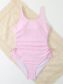 SHEIN Teen Girls Floral Print Ruched Side One Piece Swimsuit - Baby Pink - View 5