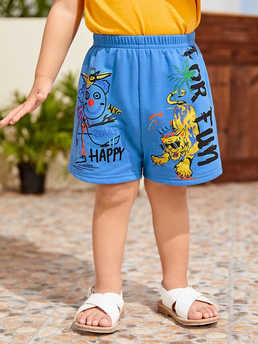 SHEIN Baby Boy Letter & Cartoon Graphic Shorts - Blue - View 1