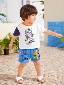 SHEIN Baby Boy Letter & Cartoon Graphic Shorts - Blue - View 3