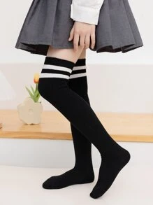 1pair Girls Over Knee High Socks, Black & White, Student Uniform, Football Sports Casual Long Socks - Black - View 1
