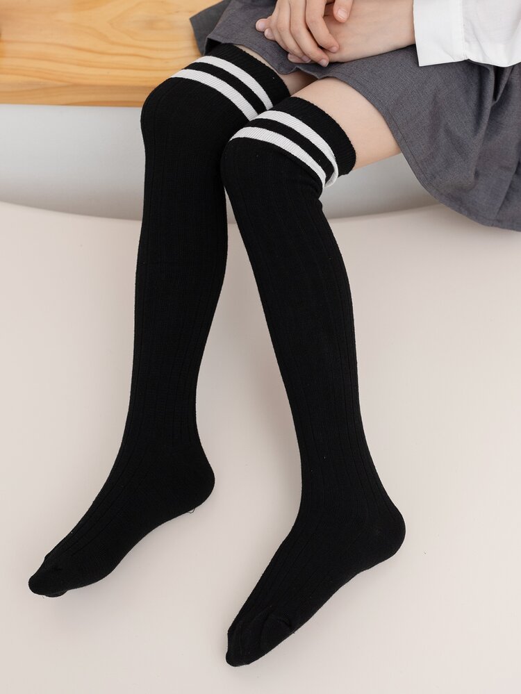 1 par de medias largas por encima de la rodilla para niñas, negro y blanco, uniforme escolar, deportes de fútbol, medias largas casuales - Negro - Añade 4