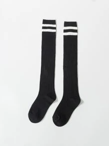 1pair Girls Over Knee High Socks, Black & White, Student Uniform, Football Sports Casual Long Socks - Black - View 5