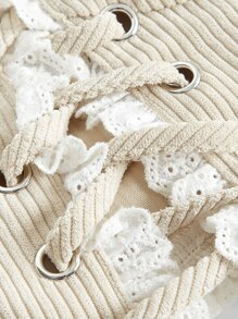 SHEIN MOD Áo sơ mi nữ viền lá sen Ren lên Thùa khuyết màu trơn Thanh lịch - Màu be - Xem 4