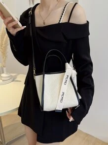 Letter Tape Decor Contrast Binding Square Bag - Beige - View 2