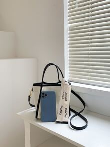 Letter Tape Decor Contrast Binding Square Bag - Beige - View 3