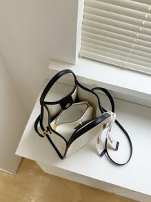 Letter Tape Decor Contrast Binding Square Bag - Beige - View 5