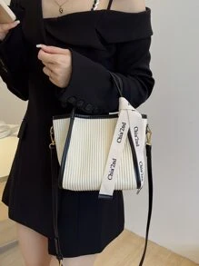 Letter Tape Decor Contrast Binding Square Bag - Beige - View 7