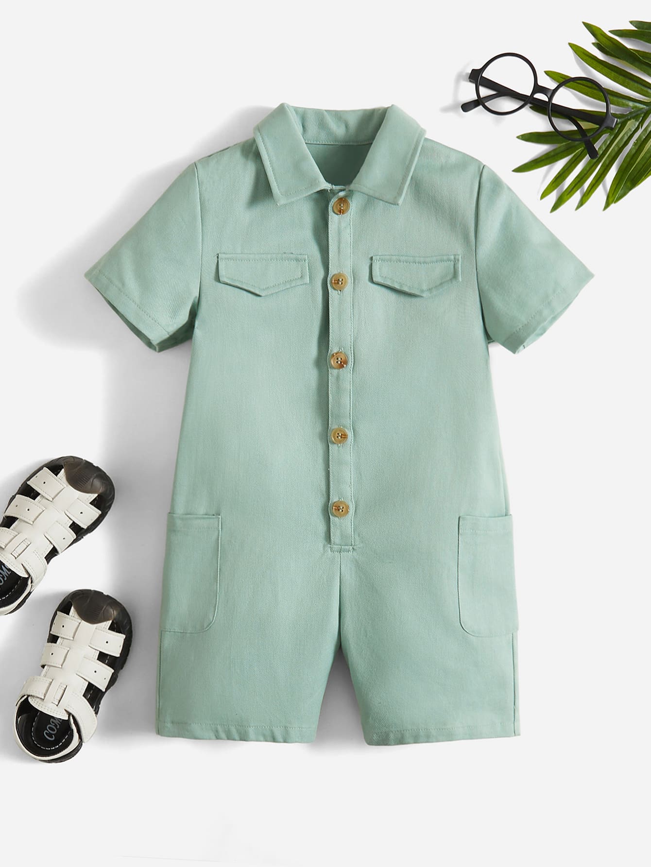 SHEIN 小男童翻蓋口袋襯衫連體短褲