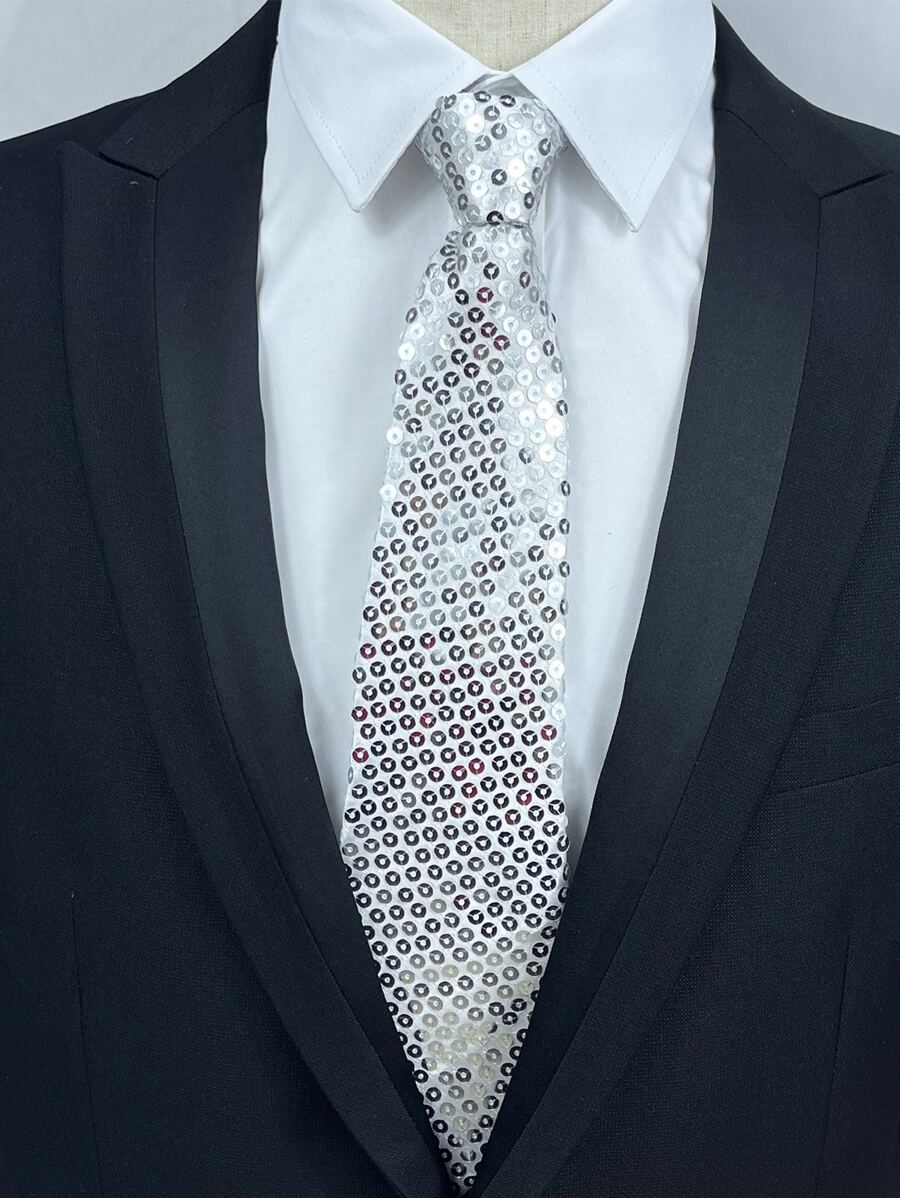 Men Sequin Decor Tie - White - View 1