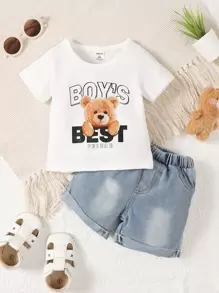 男嬰熊和字母圖案T恤和牛仔短褲 - 藍白色 - 查看 1