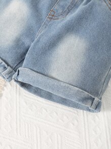 男嬰熊和字母圖案T恤和牛仔短褲 - 藍白色 - 查看 4