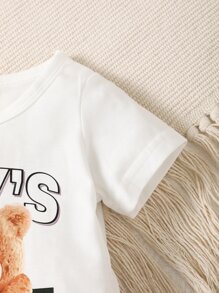 男嬰熊和字母圖案T恤和牛仔短褲 - 藍白色 - 查看 5