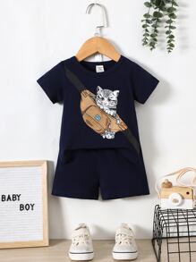 Baby Cartoon Graphic Tee & Shorts - Navy Blue - View 1