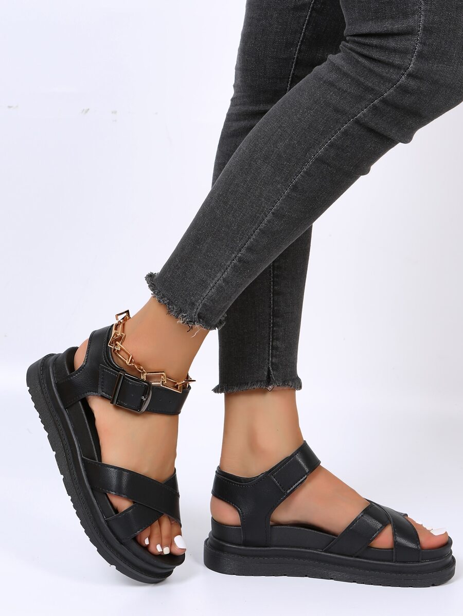 女士交叉帶運動涼鞋黑色