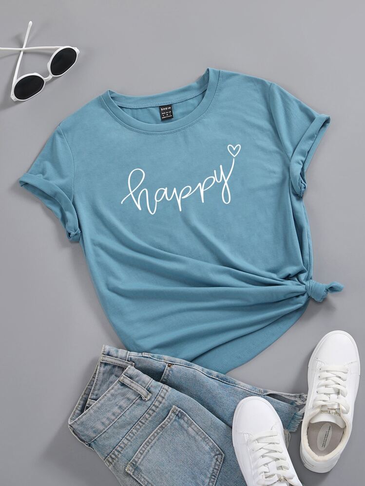 SHEIN LUNE Heart & Letter Graphic Tee - Dusty Blue - View 1
