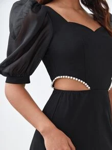 BizChic 雞心領口珍珠細節泡泡袖腰部鏤空連衣裙 - 黑色 - 查看 9