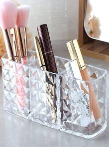 1 pieza Organizador transparente de brochas de maquillaje con 3 ranuras de plástico con brillo, estuche para exhibir lápices delineadores y de cejas, organizador de escritorio para suministros de oficina y escolares, organizador de tocador, baño, encimera, habitación, hogar, dormitorio, baño, decoración de sala de estar, viajes, regalo, obsequio para mamá, papá, amigos, maestros, cumpleaños, boda, escritorio, estanterías, accesorios, cajas de regalo - transparente - Ver 1