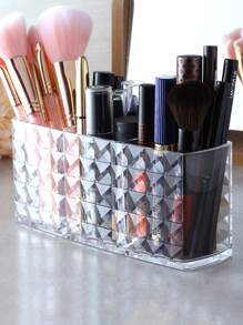 1 pieza Organizador transparente de brochas de maquillaje con 3 ranuras de plástico con brillo, estuche para exhibir lápices delineadores y de cejas, organizador de escritorio para suministros de oficina y escolares, organizador de tocador, baño, encimera, habitación, hogar, dormitorio, baño, decoración de sala de estar, viajes, regalo, obsequio para mamá, papá, amigos, maestros, cumpleaños, boda, escritorio, estanterías, accesorios, cajas de regalo - transparente - Ver 3