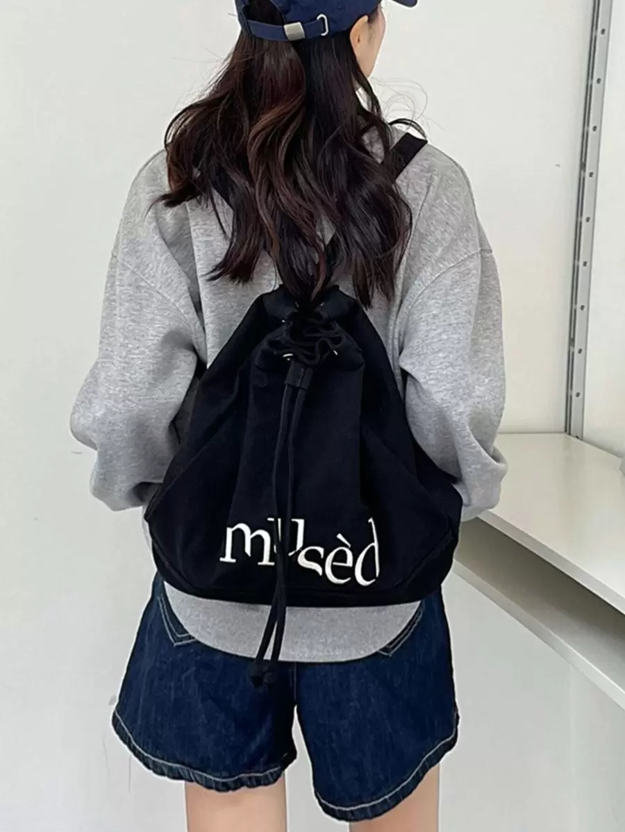 帆布刺繡字母束口背包，旅遊度假肩背包，學生校園背包，大容量，可放筆記本電腦，攜帶方便輕便，適用於青少年女孩、女性大學生，非常適合辦公室、大學、小學、初中、高中、工作、商務、通勤、體育場館和運動場地