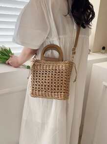 極簡草編包,完美適合夏天海灘旅行度假 - 卡其色 - 查看 2