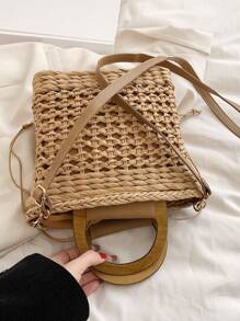 極簡草編包,完美適合夏天海灘旅行度假 - 卡其色 - 查看 5