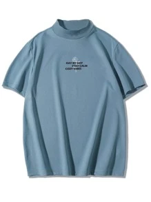 Manfinity Hypemode Hombres Camiseta con estampado de slogan de cuello alto - Neblina azul - Ver 3