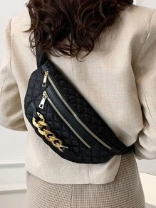 Quilted Chain Decor Bum Bag - Black - View 2