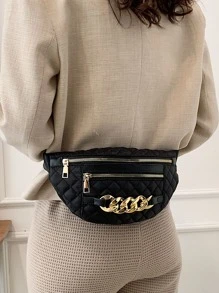 Quilted Chain Decor Bum Bag - Black - View 5