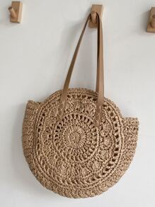 簡約風大容量手提包草編包,百搭旅行收纳包,流行沙灘包鏤空草編包,完美適合夏天海灘旅行度假 - 卡其色 - 查看 5