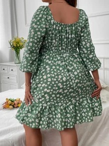 SHEIN LUNE Đầm Plus Size Viên lá sen xoắn lại Họa tiết hoa Boho - màu xanh lá - Xem 3