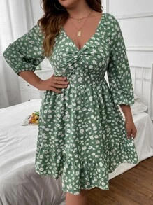 SHEIN LUNE Đầm Plus Size Viên lá sen xoắn lại Họa tiết hoa Boho - màu xanh lá - Xem 5