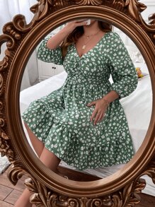 SHEIN LUNE Đầm Plus Size Viên lá sen xoắn lại Họa tiết hoa Boho - màu xanh lá - Xem 6