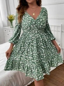SHEIN LUNE Đầm Plus Size Viên lá sen xoắn lại Họa tiết hoa Boho - màu xanh lá - Xem 1