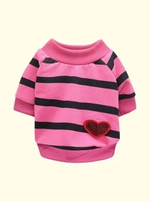 1pc Striped Print Heart Patch Detail Pet Tee - Multicolor - View 1