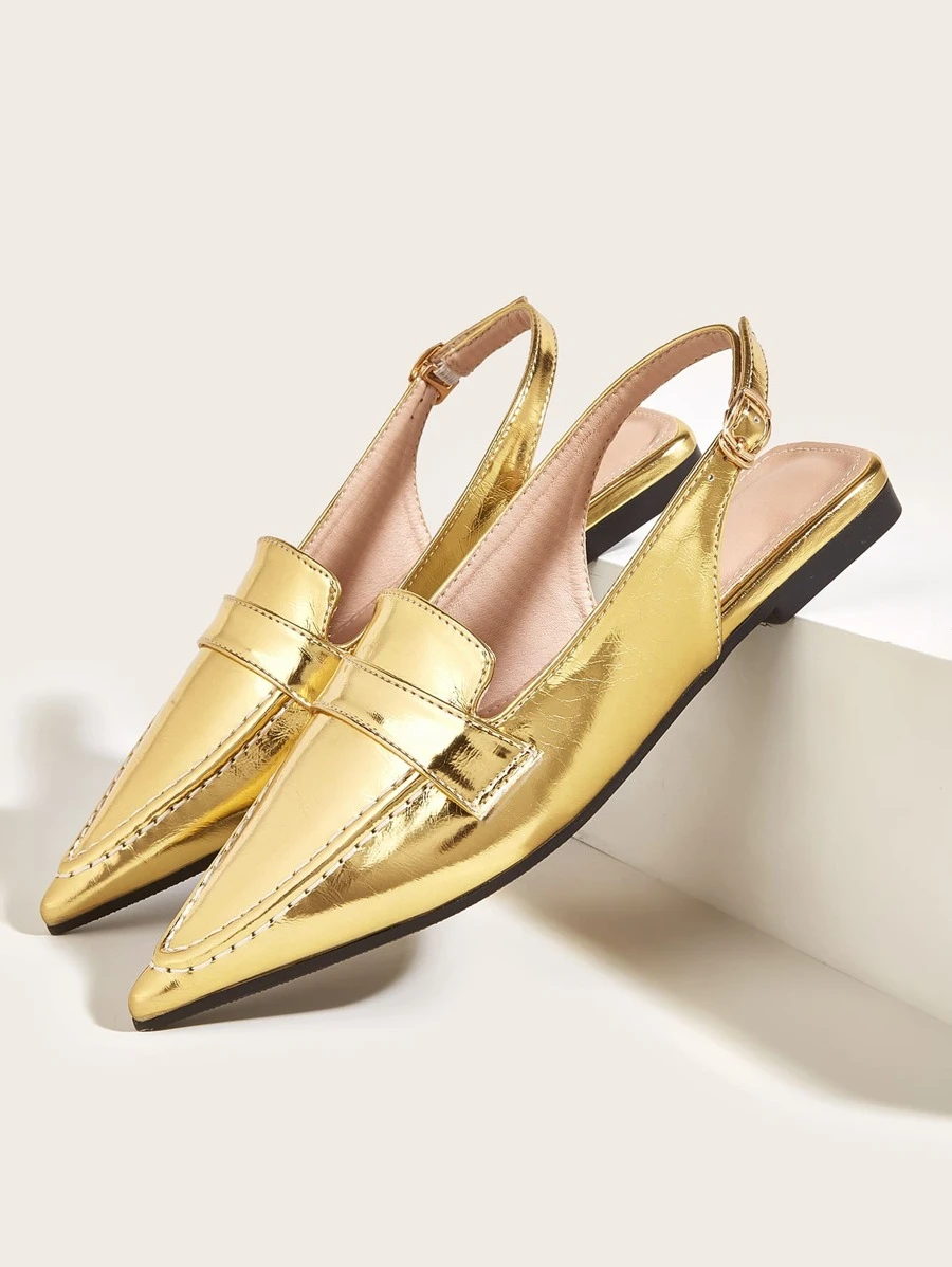 Women Point Toe Flats Glamorous Gold Slingback Flats - Gold - View 1
