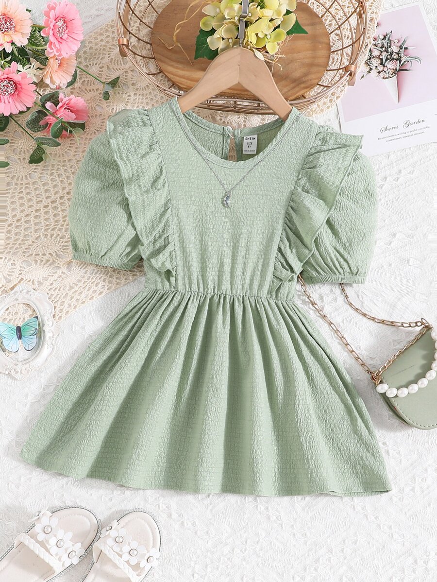 Chicas Blusa ribete con fruncido de manga farol - Verde - Ver 1