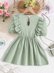 Chicas Blusa ribete con fruncido de manga farol - Verde - Ver 2