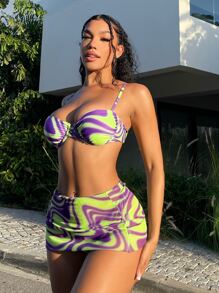 SHEIN SXY 全印花有鋼托夏季沙灘比基尼套裝，附沙灘裙 - 彩色 - 查看 4