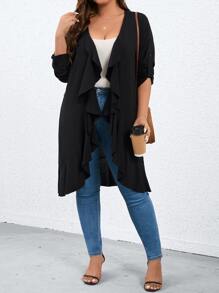 SHEIN LUNE Plus Roll Tab Sleeve Ruffle Trim Open Front Coat - Black - View 1