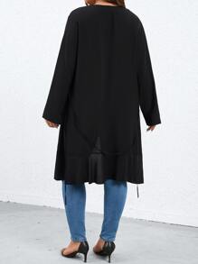 SHEIN LUNE Plus Roll Tab Sleeve Ruffle Trim Open Front Coat - Black - View 2