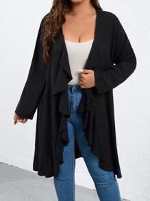SHEIN LUNE Plus Roll Tab Sleeve Ruffle Trim Open Front Coat - Black - View 4