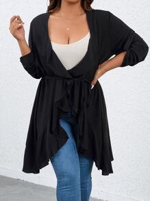 SHEIN LUNE Plus Roll Tab Sleeve Ruffle Trim Open Front Coat - Black - View 5