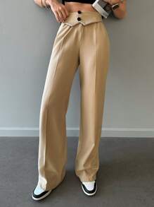 EURMUSE 素色折疊紐扣細節直筒褲 - 米色 - 查看 2