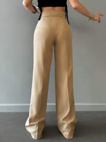 EURMUSE 素色折疊紐扣細節直筒褲 - 米色 - 查看 3