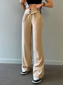 EURMUSE 素色折疊紐扣細節直筒褲 - 米色 - 查看 1